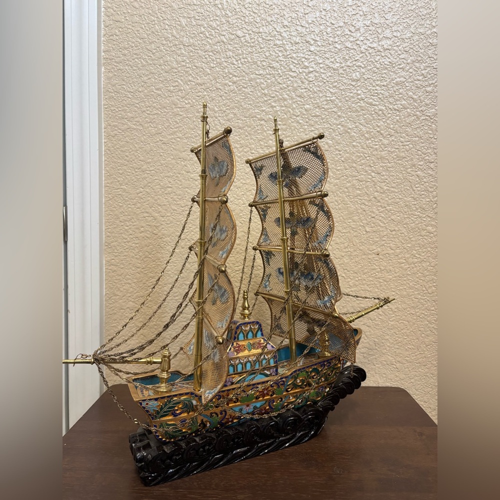 Vintage Chinese Cloisonné Enamel Filligree and Gilt Boat Ship 18” x 15.5” x 6.5”